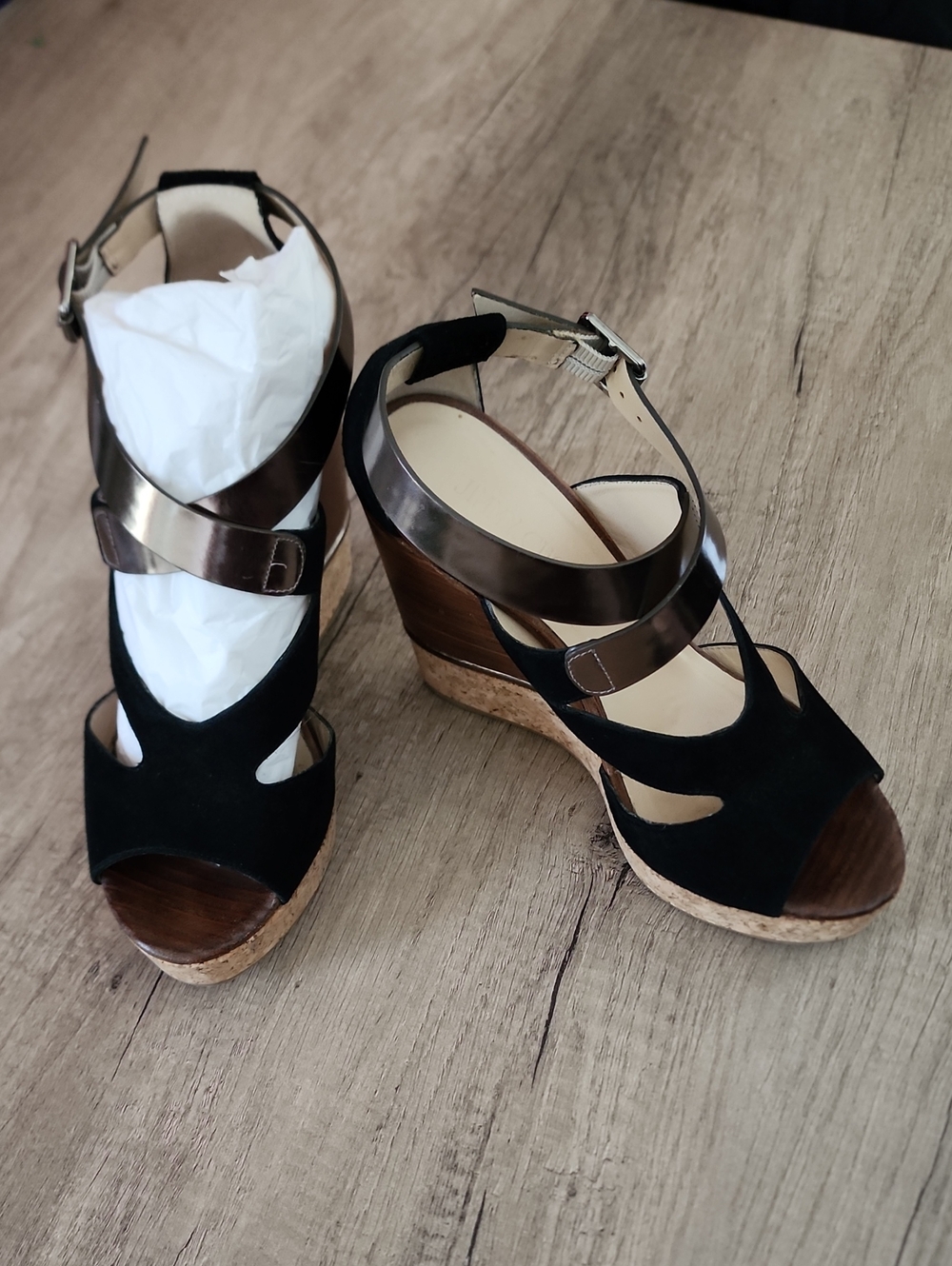 Jimmy Choo Nate 120 Platform Sandals Black Suede Metallic Strap EU 37.5 US 7